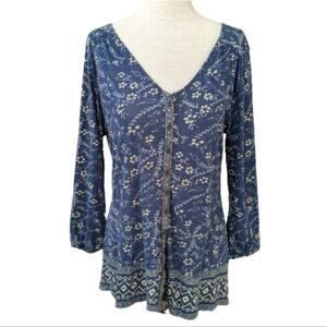 Lucky Brand Women's Button Front 3/4 Sleeve V-Neck Top XS